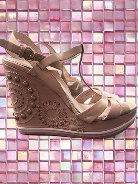 Wedge Sandals in Taupe with Studded Detail